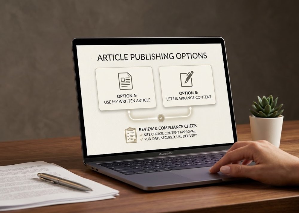 Guest Post Link Building Service | Sidra Iqbal Laptop showing article publishing options and a review and compliance check
