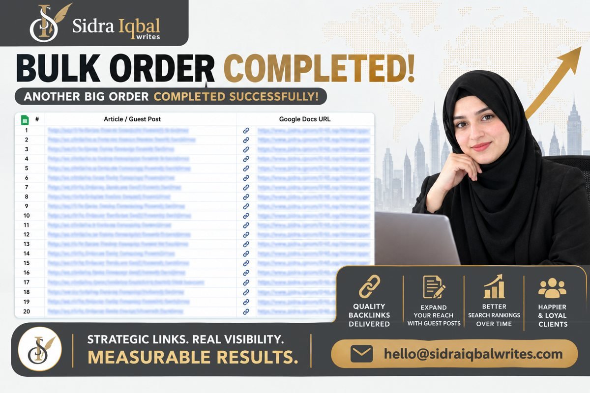 Guest Post Link Building Service | Sidra Iqbal Bulk guest post order completed with a tracked sheet of published articles and live URLs